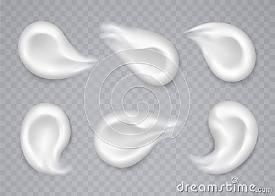 White cream smears collection isolated on transparent background. Moisturizing lotion, sunscreen strokes. Vector Illustration
