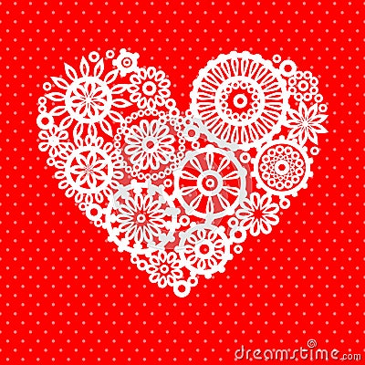 White crochet lace flower heart on red romantic greeting card, vector background Vector Illustration