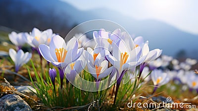 White Crocus Flower Surrounded By Mountains: A Symbolic Picture In Dark Purple And Light Amber Stock Photo