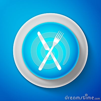 White Crossed fork and knife icon isolated on blue background. Restaurant icon. Circle blue button with white line Vector Illustration