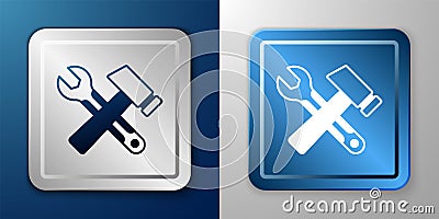 White Crossed hammer and wrench spanner icon isolated on blue and grey background. Hardware tools. Silver and blue Vector Illustration