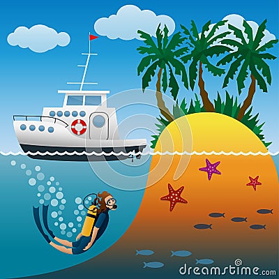 White cruise yacht in raid near tropical island with palm trees.Scuba diver under water. Diving in the open sea Vector Illustration