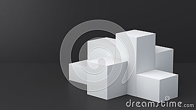 White cube boxes with dark blank wall background for display. 3D rendering. Stock Photo