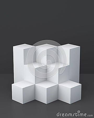White cube boxes with dark blank wall background for display. 3D rendering. Stock Photo