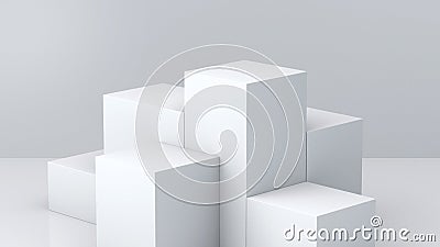 White cube boxes with white blank wall background for display. 3D rendering. Stock Photo