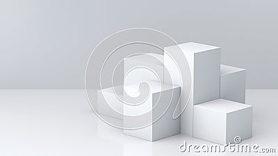 White cube boxes with white blank wall background for display. 3D rendering. Stock Photo