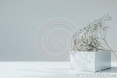 White cube displaying gypsophila on empty surface with copy space Stock Photo
