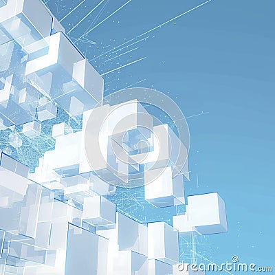 White cubes interlace with azure lines, evoking futuristic aesthetics Stock Photo