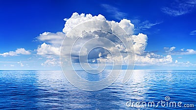 White cumulus clouds in blue sky over sea landscape, big cloud above ocean water panorama, horizon, beautiful tropical seascape Stock Photo