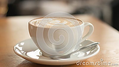 White cup of art latte on a cappuccino coffee on wood background standing on a table in a cafe. Foam flower on top of the cup. Stock Photo