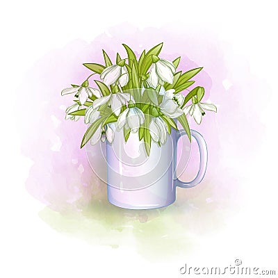 White cup with a bouquet of spring snowdrops. Vector Illustration