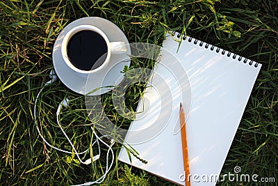 White cup of coffee, headphones, and open blank notebook on the green grass. Top view. Copy space. Summer lifestyle Stock Photo