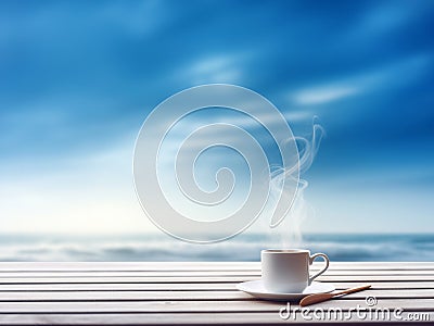 white cup of coffee and smoke on a wooden table with sky and sea background. copy space for text Stock Photo