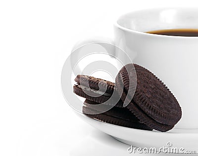 White cup of dark coffee and chocolate cookies Stock Photo