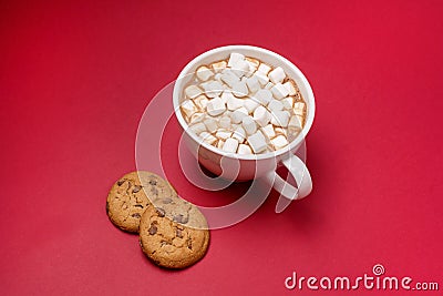 White Cup of Hot Chocolate Cocoa with Marshmallows on Red Background Tasty Cookies with Chocolate lying on Red Background Top View Stock Photo