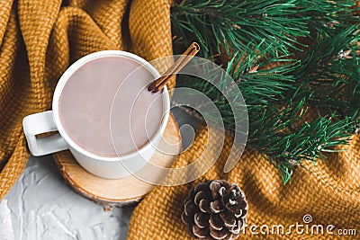 White Cup of Hot Chocolate, Yellow Plaid, Cone, Pine Branch, Fir Tree, Gray Background, Autumn Concept, Winter, Cosiness, Instagr Stock Photo