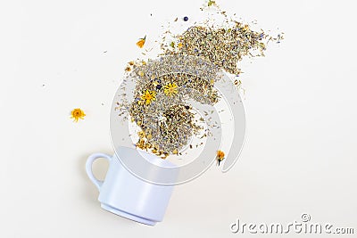 White cup lies on a light background. Around scattered dry healing grass and flowers. Stock Photo
