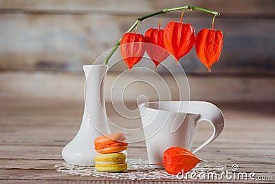 White cup, macaroni and flower Physalis Stock Photo