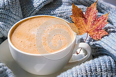 White cup of morning warming coffee on blue knitted sweater with maple yellow leaves background. Cozy home concept Stock Photo