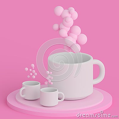 White cup on a pink minimalist background. Ð¡offee and tea cup with clouds and balloons. Stock Photo