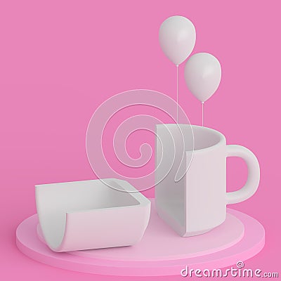 White cup on a pink minimalist background. Ð¡offee and tea cup with clouds and balloons. Stock Photo