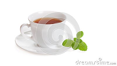 White Cup of tea with mint melissa herb isolated Stock Photo