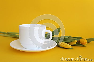 White cup of tea on a yellow background with yellow tulips Stock Photo