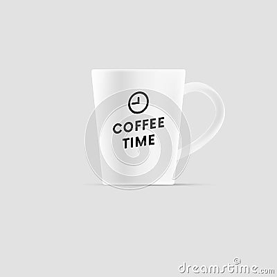 White cup with text and icon. Coffee time mug. Vector illustration. Vector Illustration