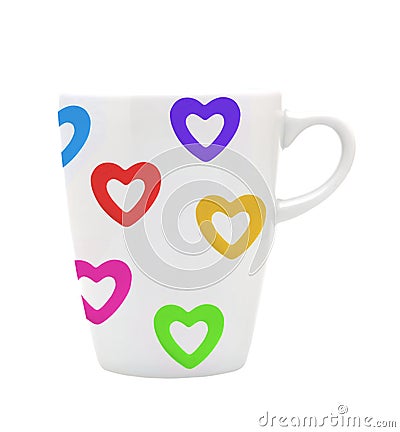 White cup white colorful hearts isolated on white Stock Photo