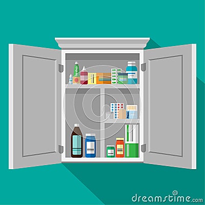 White Cupboard with medicines. Vector illustration. Vector Illustration