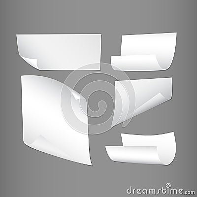 White curl, bend paper notebook sheets for note or message on gray background. Vector Illustration