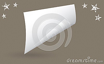 White curl paper notebook sheet with shadow for note or message falling on squared background. Stars in corners. Vector Illustration
