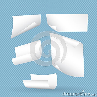 White curl paper notebook sheets with shadow for note or message falling Vector Illustration