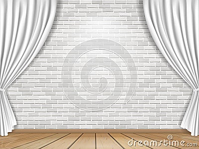 White curtains and brick wall background Vector Illustration