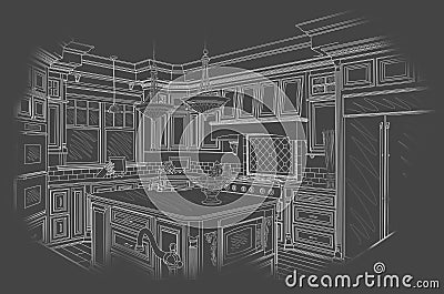 White Custom Kitchen Design Drawing on Grey Stock Photo