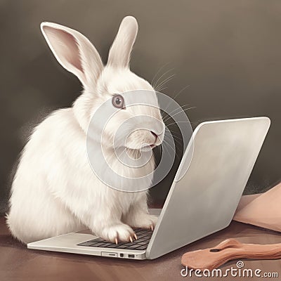 White Cute Eastern bunny using a laptop generative AI Stock Photo