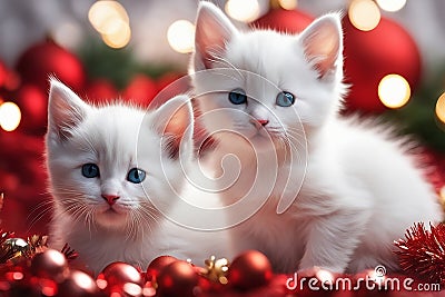 White cute kittens in a New Year's setting on blurred background. Stock Photo