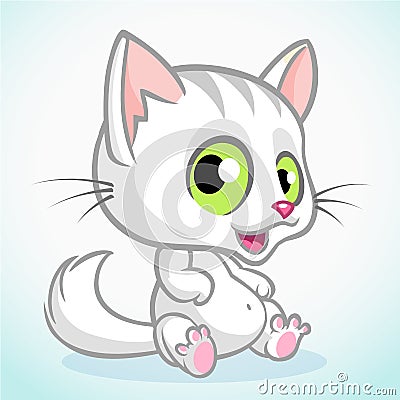 White cute kitty with green eyes sitting. Vector cartoon cat Vector Illustration