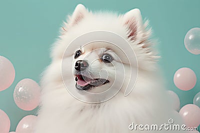 White cute shih tzu dog with multicolored festive balloons.Realistic generated AI Stock Photo