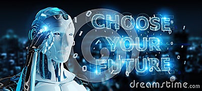 White cyborg using future decision text interface 3D rendering Stock Photo