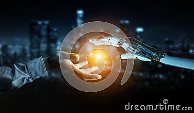 White cyborg hand about to touch human hand 3D rendering Stock Photo