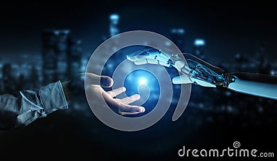 White cyborg hand about to touch human hand 3D rendering Stock Photo