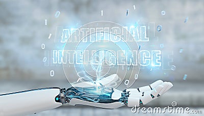 White cyborg hand using digital artificial intelligence text hologram 3D rendering Stock Photo