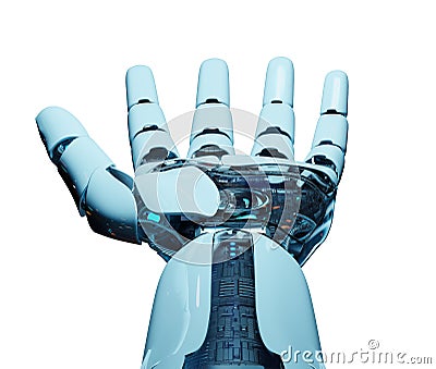 White cyborg opening his hand 3D rendering Stock Photo