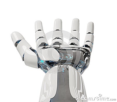 White cyborg opening his hand 3D rendering Stock Photo