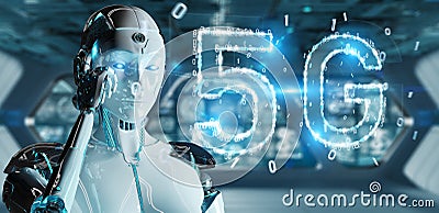 White cyborg woman using 5G network digital hologram 3D rendering Stock Photo