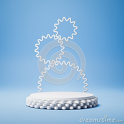 White Cylindrical Gear Shaped Product Display Podium on Blue Background Stock Photo