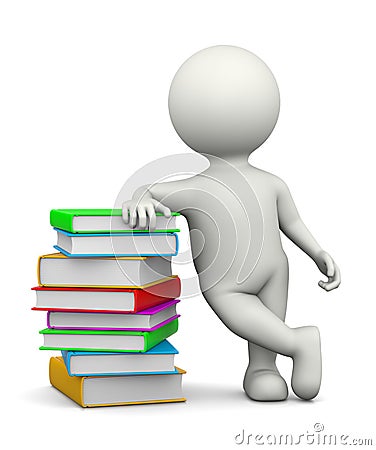 White 3D Character Leaned on a Heap of Books Stock Photo