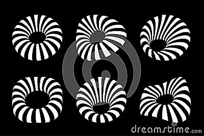 White 3d circular striped frames set. Three dimensional stripy distort shapes. Logo design element. Vector Vector Illustration