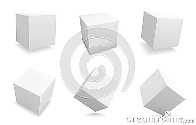 White 3D cubes. Realistic square shapes. Isolated abstract geometric blank figures set with shadow. View from different sides on Stock Photo